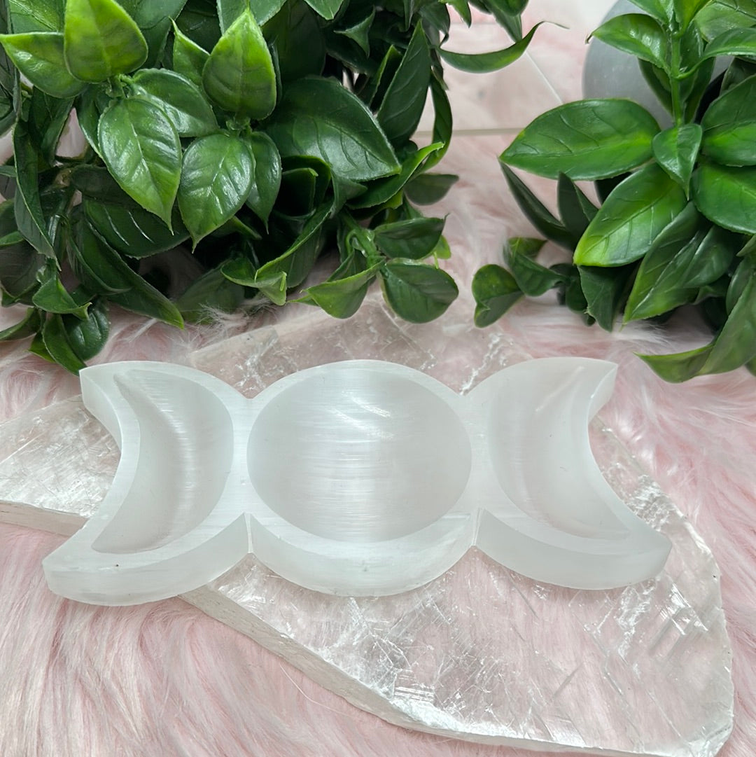 Selenite satin spar moon dish - OM of the Soul